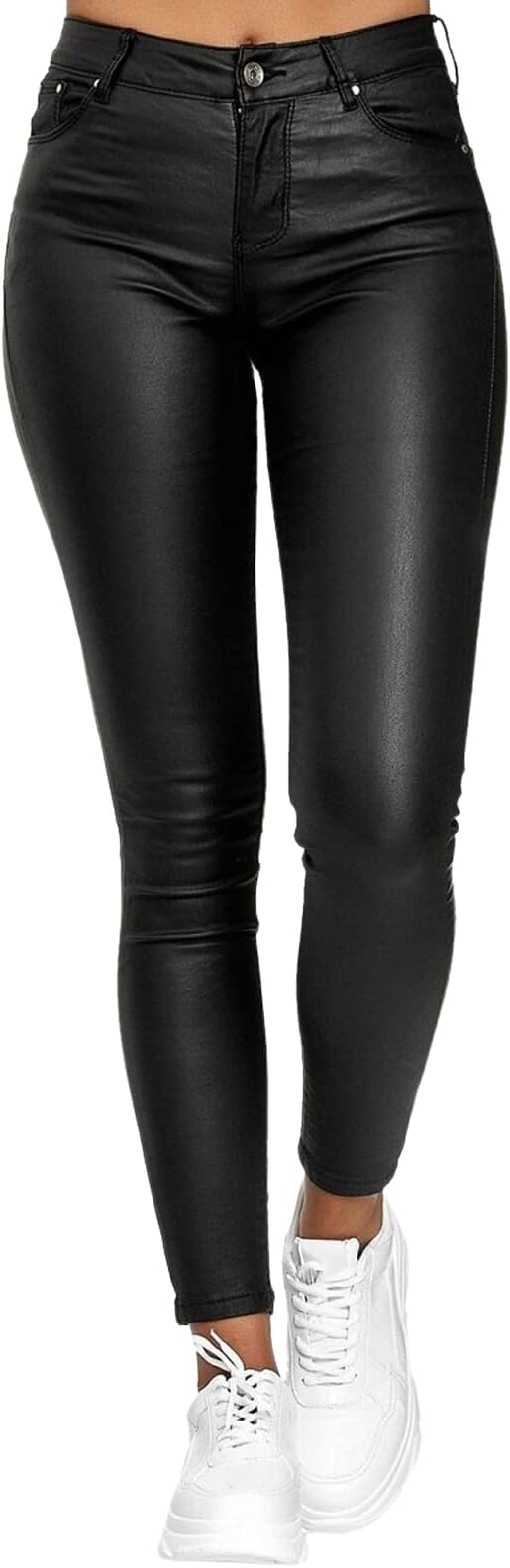 Womens Stretchy Faux Leather Leggings Pants High Waist Solid Color Slimming Casual Trouserswith Pockets