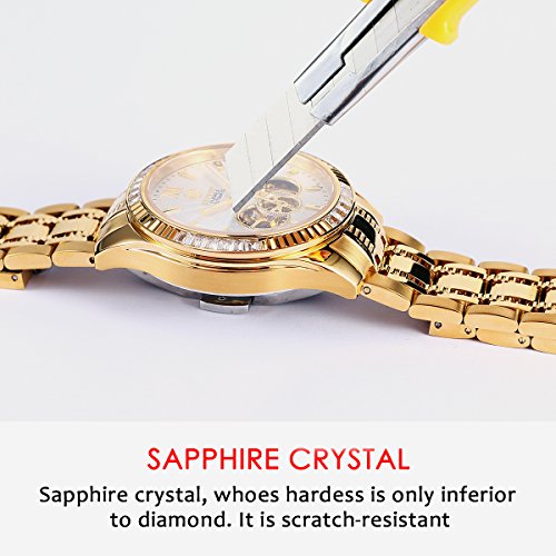 Image of BINLUN Men's Automatic Gold Watches 18K Gold Plated Diamond Mechanical Watch Waterproof Stainless Steel Skeleton Wrist Watch for Men