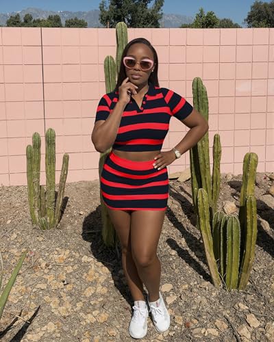 Image of HBQ Women's Casual 2 Piece Skirt Sets Polo Collar Crop Top Striped Mini Dress Summer Vacation-Stripe