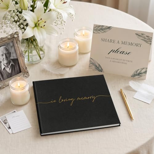 Image of Funeral Guest Book for Memorial Service, in Loving Memory 9x7.5 | 320 Entries, Table Sign Card Included, Gold Stamping, Twill-Textured Paper Cover, Celebration of Life Keepsake, Black