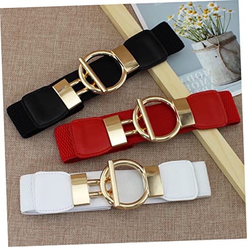 FRCOLOR 1Pc Women Wide Elastic Waist Cinch Belt Stylish PU Girdle with Golden Round Buckle for Fashionable Outfits White Accessory for Dresses Jeans and Trousers2