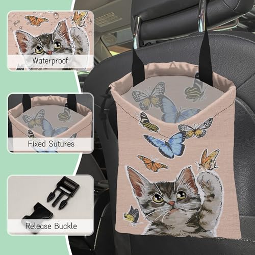 Image of Cute Cat Car Garbage Bag,Flying Butterflies Waterproof Small Car Trash Bag Hanging Back of Seat,Drawstring Hanging Car Trash Bag with Adjustable Buckle for Car Accessories