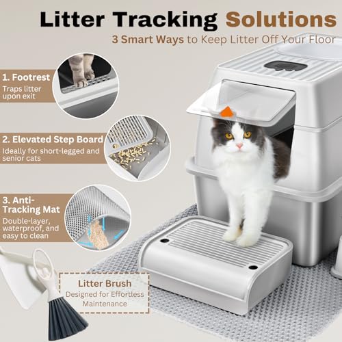 XL Stainless Steel Litter Box with Lid, Fully Enclosed 6" Deep Metal Cat Litter Box, Leak-Proof, Clumping Litter for Large, Multi-Cats, with Litter Mat, Scooper & Brush (6" Light Gray XL)