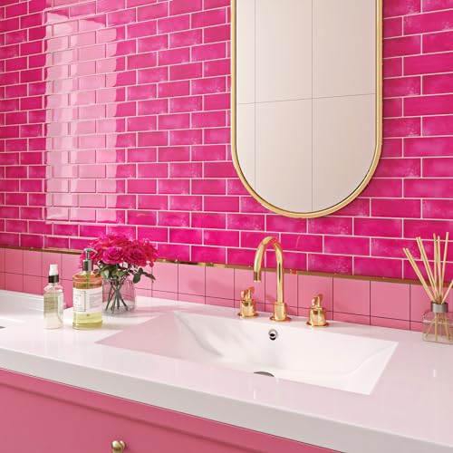 Livelynine Credence Adhesive pour Cuisine Rose Carrelage Adhesif Mural Cuisine 3D Impermeable Dalle PVC Adhesive Murale Salle de Bain 30x30CM Metro 3D Stickers...