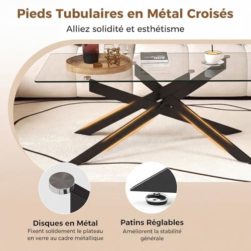 Table basse verre trempé 120x60 piètement croisé COSTWAY