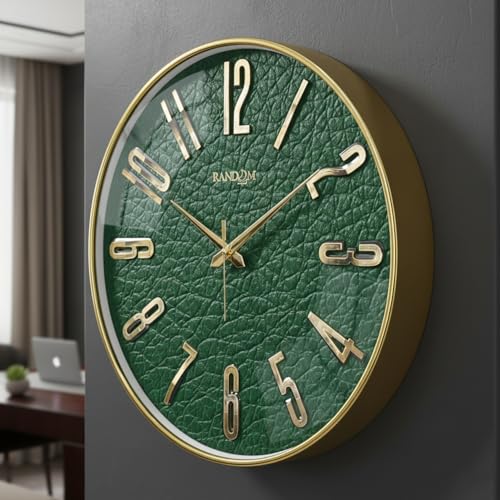 Image of RANDOM Silent Wall Clock, Green, 12.75 Inch, Non-Ticking Quartz Movement, Metal Hands, HD Glass, Foiling 3D Numbers, Gold Frame