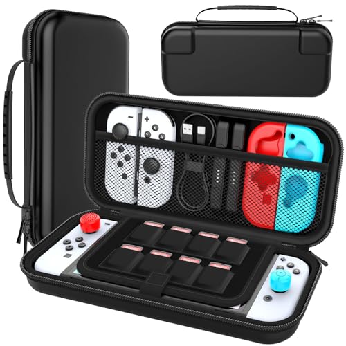 Case para Nintendo Switch 2 (2025), Switch OLED e Switch – Estojo Protetor Rígido Portátil de Viagem com Compartimento para 10 Cartuchos, Bolsos para Acessórios, Resistente à Água e Impactos – Preto