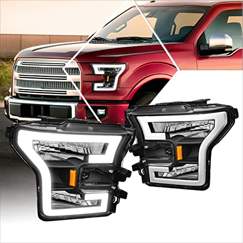 LED DRL Headlight(Headlamps) Assembly Set Compatible with Ford F150 2015-2017,Black Housing/Amber Corner