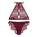 WOZOW Femmes Fleurs Sexy Dentelle Dos Nu Creuse Soutien-Gorge Vêtements Nuit Rouge Lingerie Ensemble S-XL sous-vêtements Nuisettes Push Up Top String(Rouge,M)