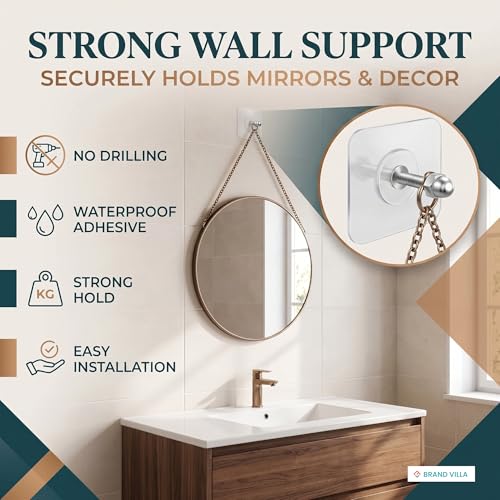 Image of BRAND VILLA Heavy Duty Self Adhesive Wall Hooks | Waterproof Stainless Steel No Drill Sticky Hooks for Bathroom Kitchen Towels Keys & Home Organization (Pack- 30)