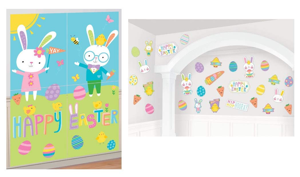 2 Piece Hello Bunny Decoration Bundle, Easter Cutouts And Wall Scene Setter
