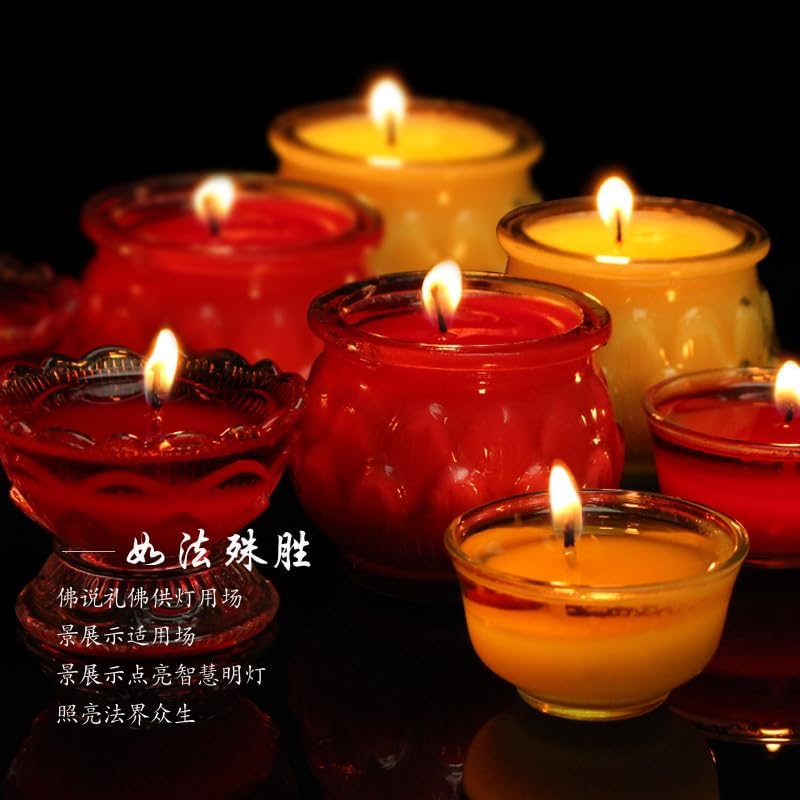 Mascot Desktop Decoration Buddhist Utensils Religious Pray Sacrificial Supplies 莲花酥油灯24小时防风蜡烛苏油灯佛灯长明灯玻璃罐佛钵1天3天5天 1Pcs(3天佛钵（黄） 一对)