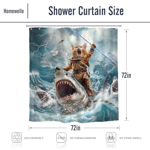Image of 4 PCS Funny Cat Shower Curtain Riding Shark Riding Shark Surfing Beach Ocean