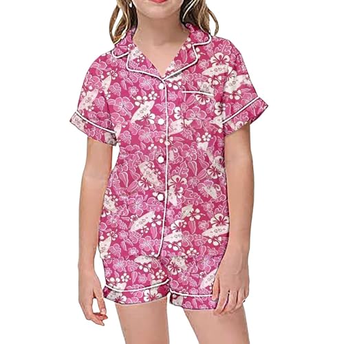 Girls Satin Pyjamas for Kids Fashion Flower Pattern Satin Nightwear 2 Pcs Button-Down 𝗣j𝘀 Print Short Sleeve Sleepwear