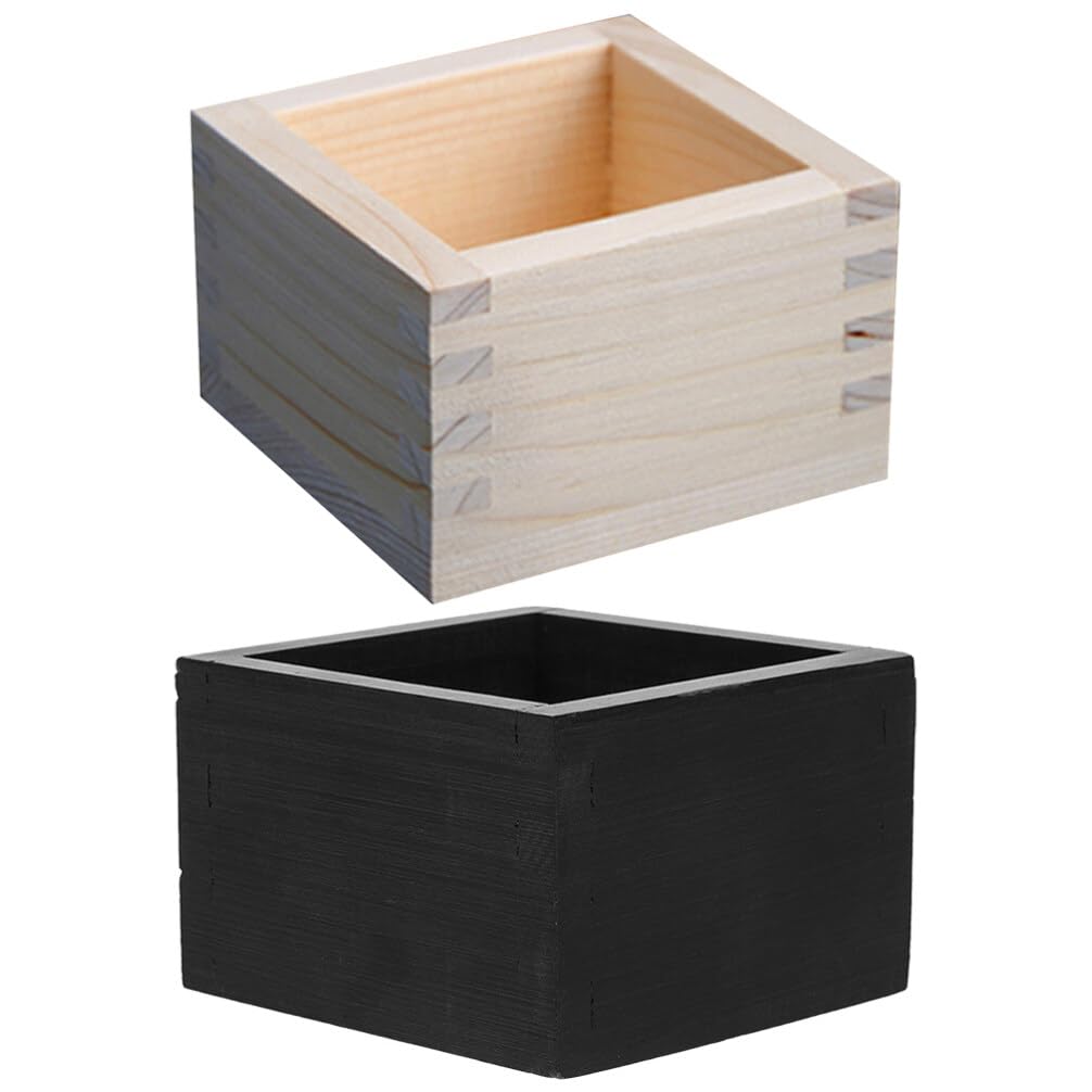 HOLIDYOYO Sake Cup, 2pcs Wooden Masu Sake Cups Square Sake Boxes Japanese Wood Saki Cup Box Sake Glass Storage Box Sushi Box Japanese Food Box Mini Flower Pot