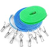 YuCool 2 Packs Portable Laundry Line with 8 Clothespins, 16ft & 26ft Windproof Clotheslines Ropes with Clothes Pins Clips for Outdoor Indoor Home Travel Camping Laundry Drying Use