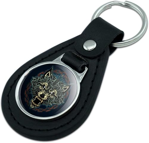 Miniatura 2 de GRAPHICS & MORE Llavero de cuero negro Fenrir feroz gruñendo lobo en cadenas de mitología nórdica, Negro -