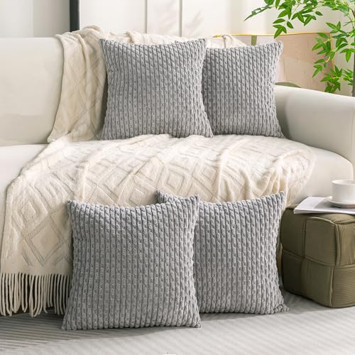Set of 4 Grey Decorative Throw Pillow Covers 18x18 Inch Corduroy Pillow Covers for Bed Couch Sofa Living Room Soft Square Cushion Cases