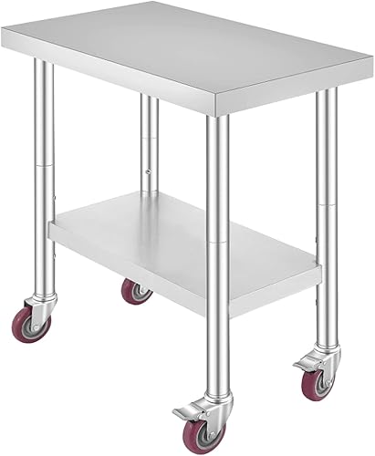 Miniatura 1 de TECSPACE Mesa de trabajo de acero inoxidable con ruedas de 30 x 18 pulgadas, mesa de trabajo comercial resistente con estante inferior y ruedas,