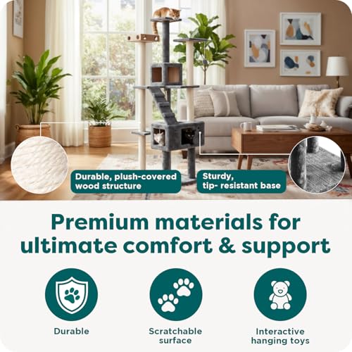 Image of FurHaven 69.3 inch Tall Cat Scratching Post Tower for Indoor Cats, Sisal Cat Tree with 2 Condos, Tiger Tough Double Decker Playground, Toys & Perches for Cats, Sisal, Silver Gray