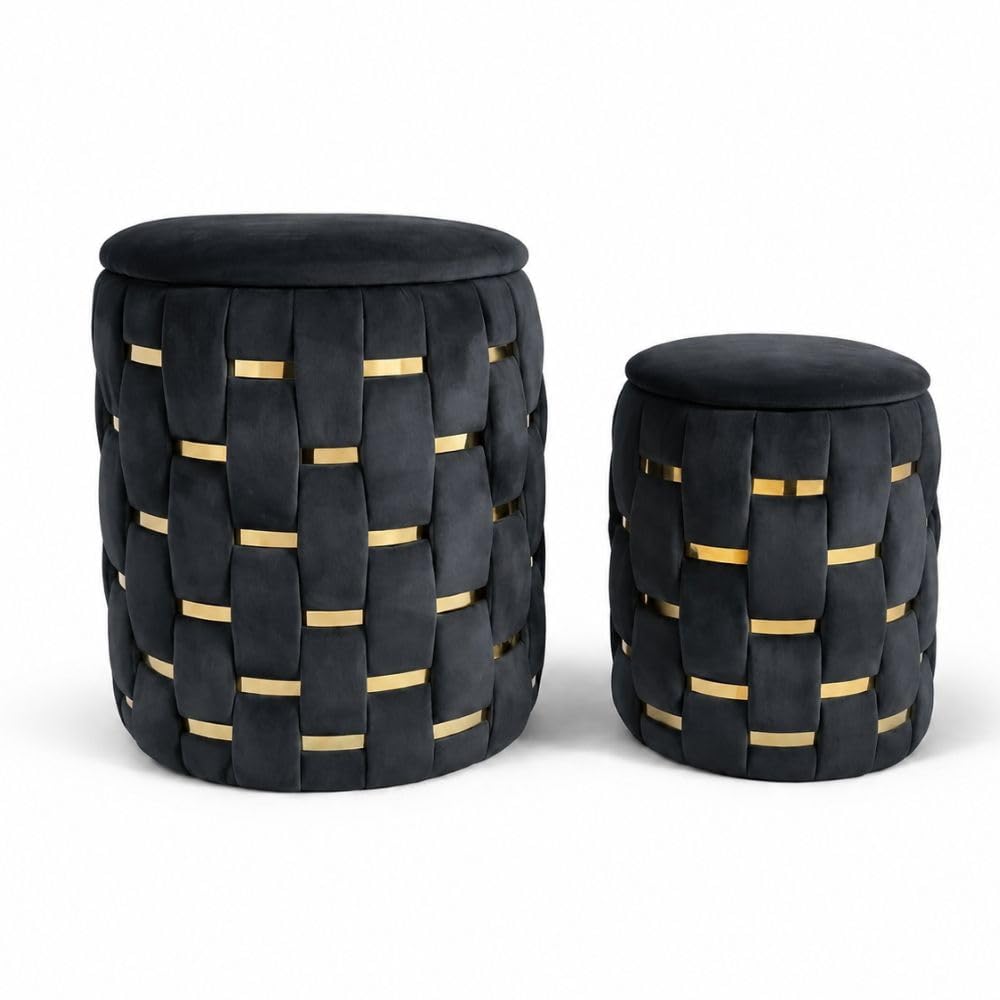 Set 2 Pouf Contenitore in Velluto con Fasce Oro – Pouf Rotondi Design Intrecciato con Coperchio – Seduta Imbottita Salvaspazio per Camera, Salotto e Ingresso (Nero)