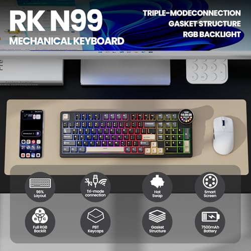 Image of RK ROYAL KLUDGE N99 Wireless Mechanical Keyboard with Screen & Knob, BT /2.4G /USB-C, 96% Hot Swappable Custom Keyboard, Pre-lubed Linear Slient Switches, Gasket Mount, RGB Gaming Keyboard