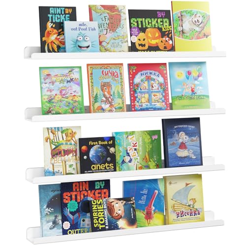 Lifewit Plastic Floating Nursery Book Shelves for Wall Set of 4, 36 inch White Long Kids Bookshelf, Kids Room Bedroom Study Storage Display Organizer Decor