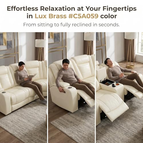 Image of Power Reclining Sectional Sofa for Living Room,Modern L-Shaped Air Leather Sectional Couch Set,Recliner Sofa Set,with LED Lights,Cup Holder,Storage,Charging Ports,Home (White, Sectional)