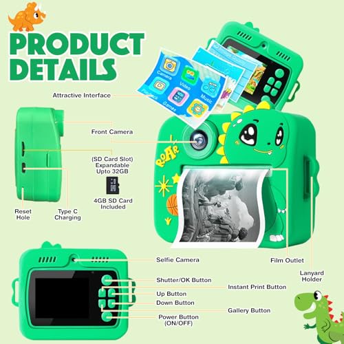 Image of Wembley DIY Instant Print Camera for Kids 3+| Includes Print Rolls, 4GB SD Card & Strap| Fun & Rechargeable Birthday Gift for Boys & Girls (Dino)