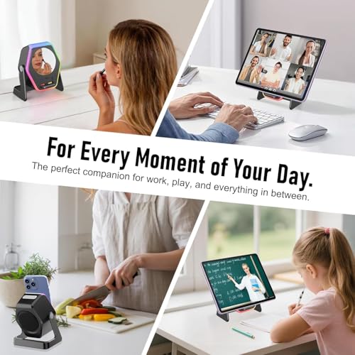 Image of Hupoaf Wireless Induction Speaker, 5 in1 Bluetooth Phone Speaker with Mirror, Stereo Sound, RGB Ambient Light, 2600mAh, Tech Gifts for Men Women, Adjustable Phone Stand for iOS /Android, RGB-Black