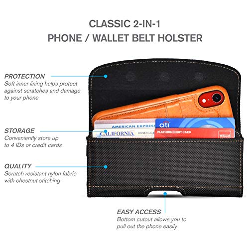 Cell Phone Holster for iPhone 13 Pro Max, iPhone 12 Pro, 11, 11 Pro Max, Xs Max, XR, with Slim Case. Metal Belt Clip with Chestnut Stitching, Triple Magnetic Cover, Card Pocket. (Slim)