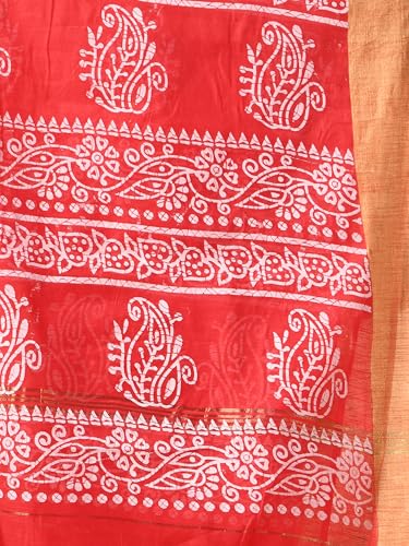 Image of WoodenTant Women's Linen Slab Cotton Blend Block Print Saree with Blouse Piece | Traditional Soft Saree (6.5m Length, 1.2m Width)