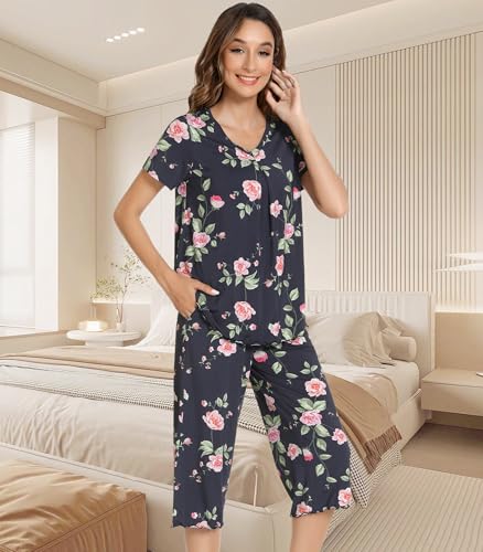 Image of NACHILA Women's Pajama Sets Cooling Bamboo Viscose V-Neck Top & Capri Pants | Lightweight, Breathable, Moisture-Wicking, Buttery Soft, Ideal for Hot Sleepers, Night Sweats and Hot Flashes, Sleep & Lounge