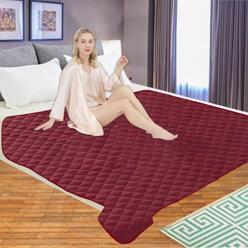 Image of Quilted Cotton Waterproof Washable Incontinence Bed Pad, 72x72 Inch Maroon, Ecofriendly, Absorbent, Non-Slip Plaid Positioning, Leak Proof & Stain Free, Multi Purpose Utility Sheet