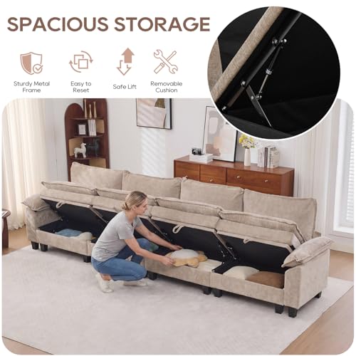 Image of IPKIG 151 inch Modular Cloud Couch with Storage, U Shaped Sectional Sofa with Ottoman & Pillow, Chenille Deep Seat Sectional Couches for Living Room, Apartment, Khaki,