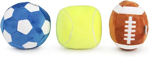 Miniatura 9 de Paquete de 3 pelotas interactivas para perros pequeños y medianos, pelotas de fútbol, fútbol y tenis para perros, rellenas de juguetes esponjosos