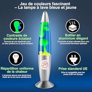 Ajacxet Lampe à lave rétro classique – Lampe décorative bleue et jaune pour enfants et adultes – 34 cm, aluminium avec 1 ampoule R39 25W E14 – Idéale pour la chambre, le salon et comme cadeau