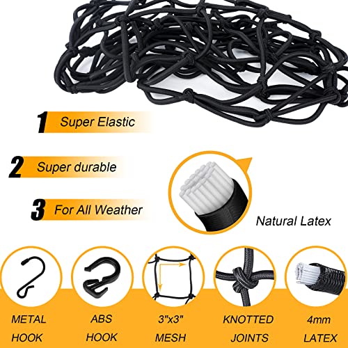 Gspscn 15"X15" Cargo Net Motorcycle, Latex Heavy Duty Bungee Cord Net Stretches To 44"X44", Thicken Luggage Netting With 3"X3" Mesh&12 Hooks For Motorcycle, Bike, Atv, Roof, Trailer #TOP1