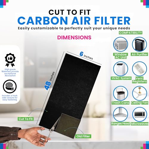 Image of Cut to Fit Activated Carbon Filter Sheet 6 inch x 48 inch - Activated Carbon Air Filter for Air Purifiers Window AC Air Vent And More - Charcoal Filters Effectively Absorb Odors & Freshens the Air (1-Pack)