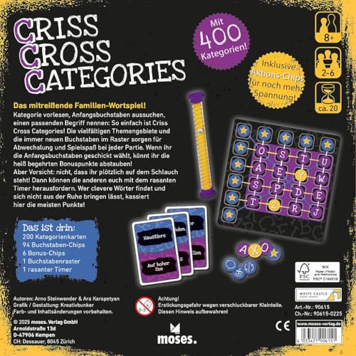 moses. Criss Cross Categories, rasantes Wortspiel mit Stadt-Land-Fluss & Bingo-Elementen, Familienspiel mit innovativem Timer & 400 Kategorien, Denkspiel für Erwachsene & Kinder ab 8 Jahren