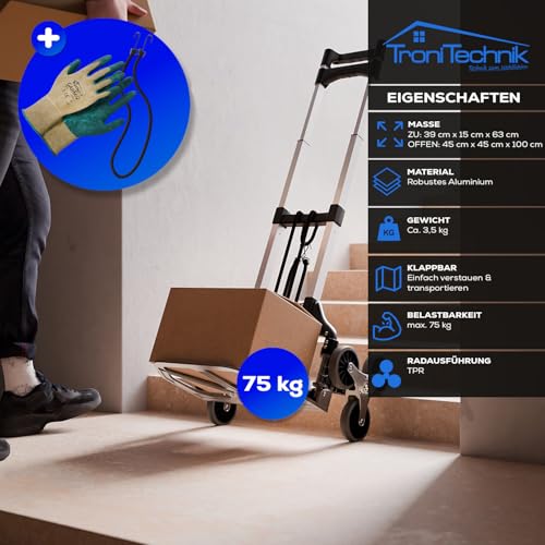 Tronitechnik® Sackkarre Handkarre klappbar für Treppen, Transportkarre bis 75kg - Karre für Pakete, Transportwagen für Pakete, Gepäck und Einkauf - Vollgummireifen, höhenverstellbar