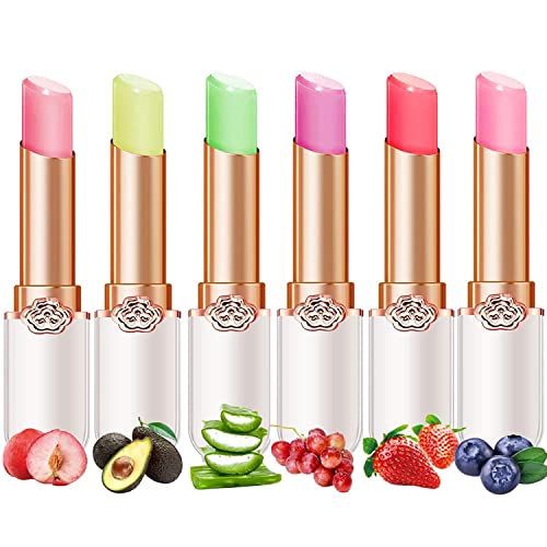 6 Packs Jelly Lipstick Set, Fruit Color Change Lip Balm Set, Peach Aloe Vera Strawberry Color Change Lip Balm, Long Lasting Moisturizer Lip Makeup Set (6PCS)