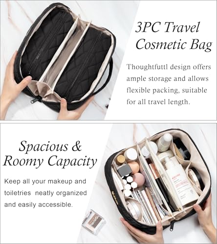 Image of Travel Makeup Bag, Large Capacity Puffy Toiletry & Cosmetic Bag for Women | 3 PCS Open Flat Quilted Makeup Cosmetic Organizer, Waterproof w /Clear Divider Portable Pouch for Skincare Travel Essentials