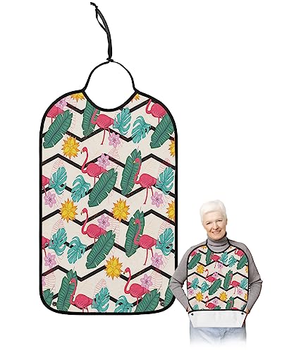 Farmhouse Flamingo Adult Bibs for Eating, Waterproof Bibs with Food Catcher & Adjustable Snap Closure, Summer Tropical Leaves Rustic Washable Clothing Protectors Adult Bibs for Elderly Women/Men