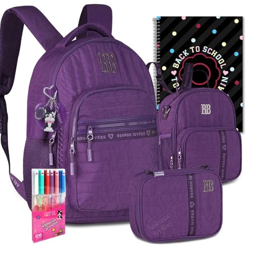Kit Mochila RB Rebecca Bonbon Escolar Lancheira Estojo Meninas Resistente Infantil Juvenil (Roxo)