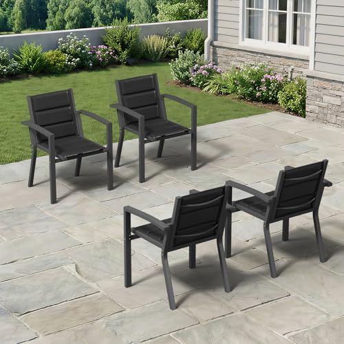TRIUMPHKEY Gartenstühle Stapelbar, 4er Set Aluminium Gartenstuhl mit Armlehnen, Garten Stapelstühle, Balkonstühle, Garten Esszimmerstühle, Wetterfeste Terrassenstühle, Dunkelgrau