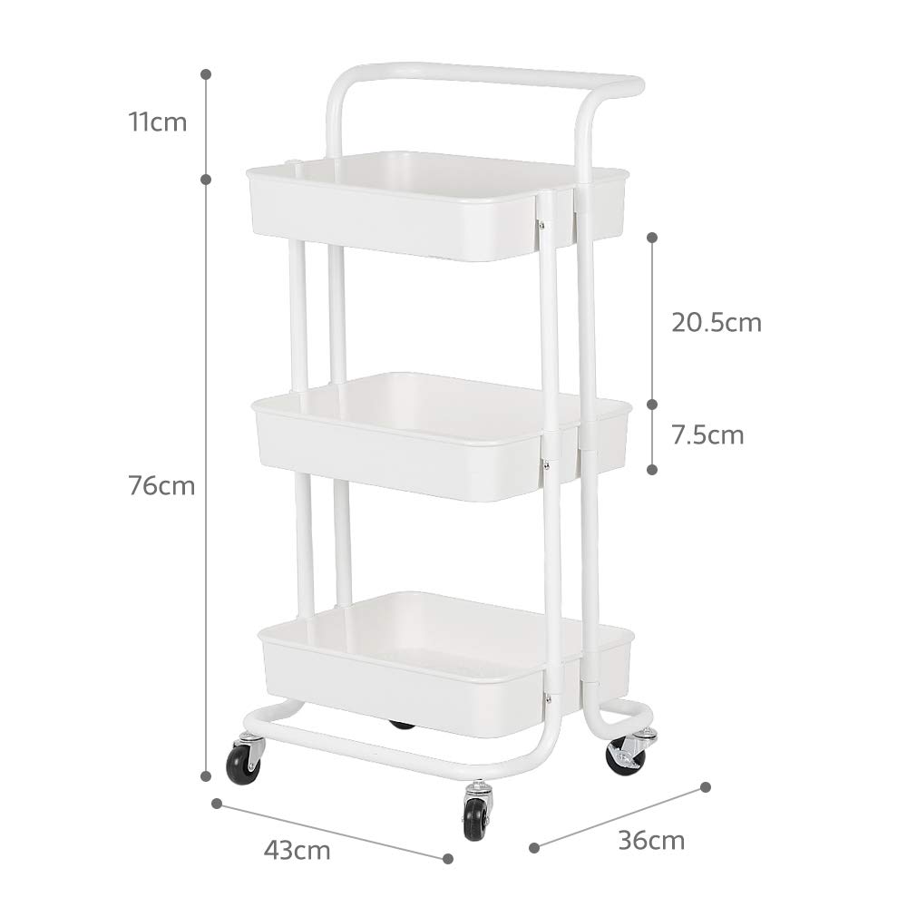 Cannoli Carro Auxiliar con Ruedas Carrito de Almacenamiento de 3 Niveles con Asa 3 Cajas Colgantes y 4 Ganchos para Salón Comedor Cocina Baño 43 * 36 * 86cm Blanco