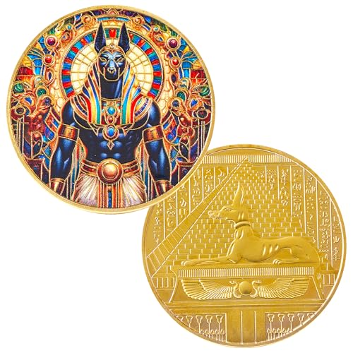 Anubis Egyptian God Coin – Gold Plated Collectible with Stained Glass Artwork, Pyramid & Hieroglyphs Design, 2-Sided Premium Metal Coin for Collectors