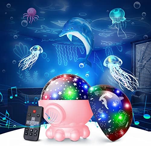 Night Light Projector,Ocean Star Night Light for Kids Room,Dinosaur Toys with 360° Rotation,Remote and Timer,3 Projection Films,17 Light Modes,9 Lullaby Songs,Birthday Christmas Gifts Kids Toys-Pink