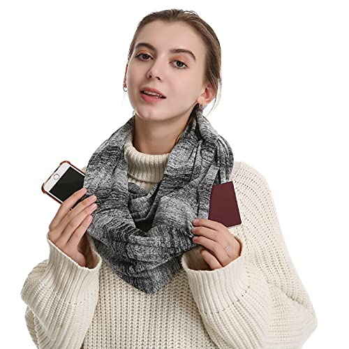Infinity Scarf With 2 Zipper Pocket Soft Circle Loop Travel Xfinity Scarves Secret Hidden Security Zip Pockets for Women Girls Ladies Warm Winter Gift Black White Stripe